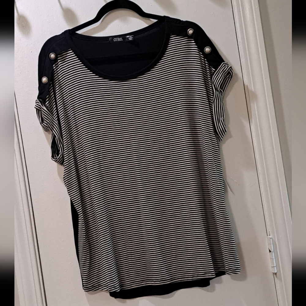 Black and White Boxy Striped Tee with Pearl button detail on Short Sleeves